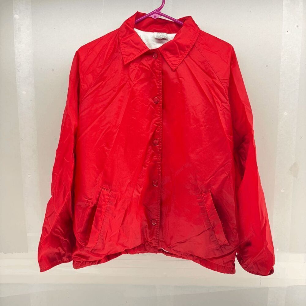 Vintage 80 Sears Red Nylon Coaches Jacket Lined Snap Front USA Womens L 16-18